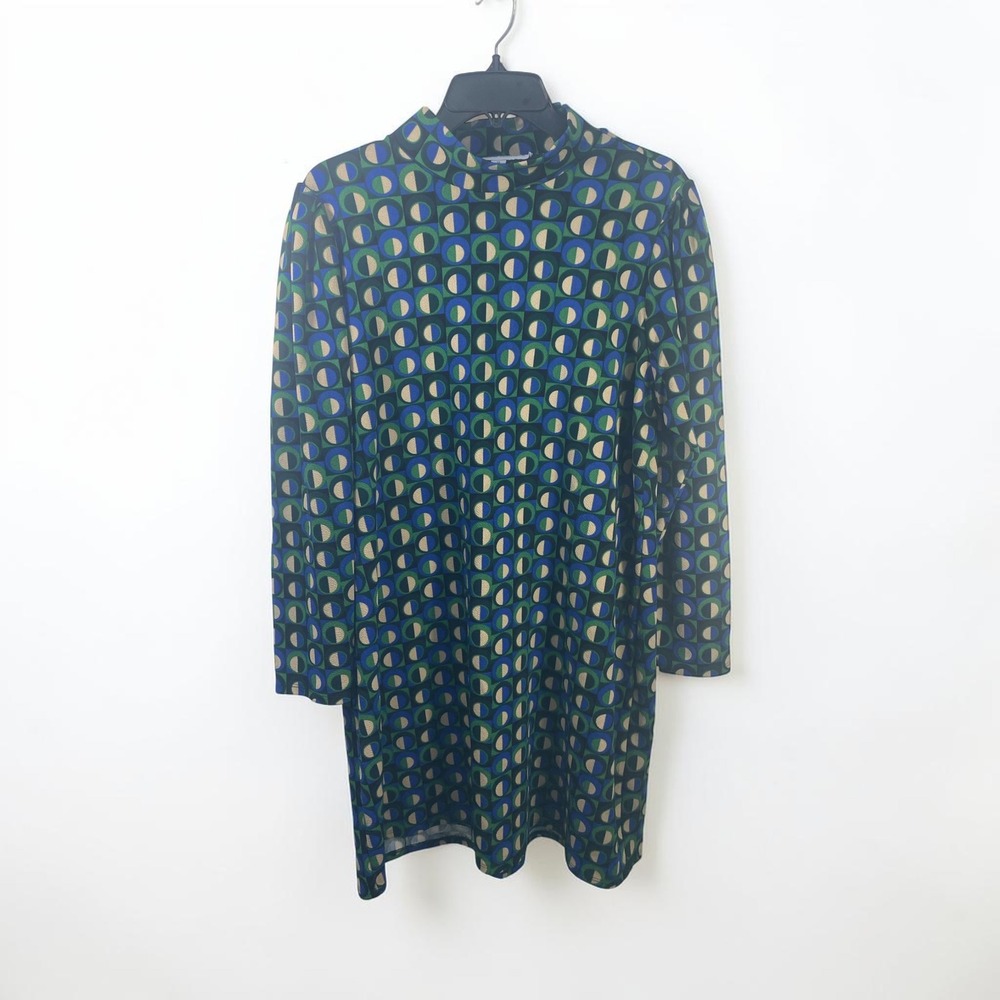Emma & Michele Blue Green Geometric Circle Print Mock Neck Shift Dress XL